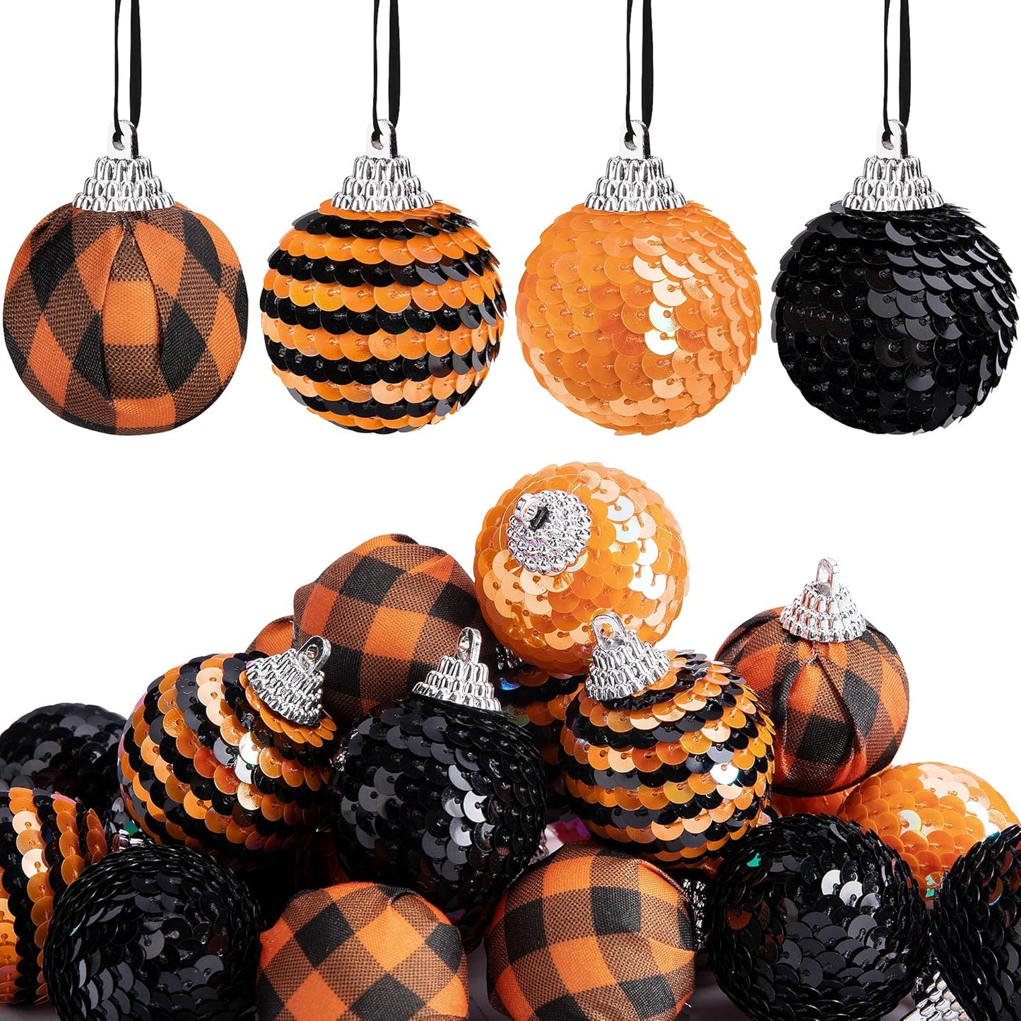 24 PCS Halloween Sequin Hanging Ball Ornaments-1.6 Inch Halloweens Black Orange Sequin