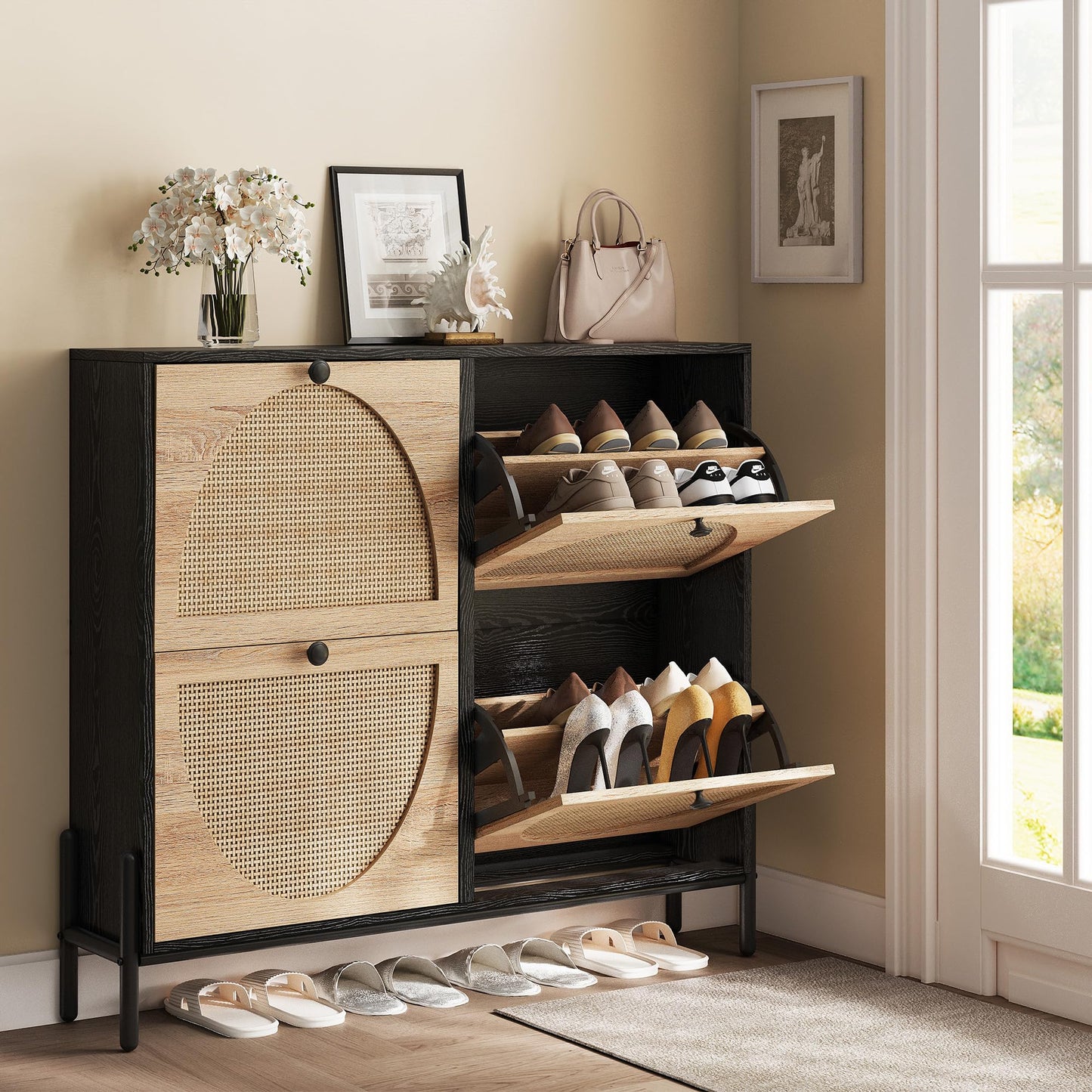 IRONCK Rattan Shoe Cabinet Storage with 4 Flip Drawers, Black