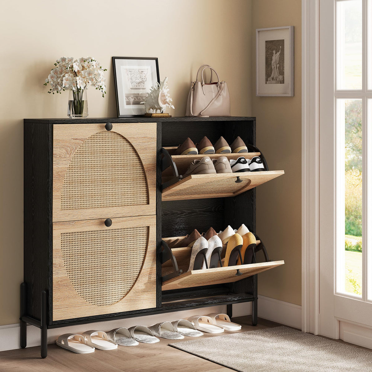 IRONCK Rattan Shoe Cabinet Storage with 4 Flip Drawers, Black