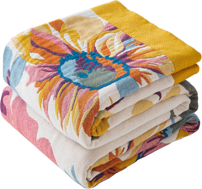 Boho Throw Blanket Queen Size, Oversized Soft Cozy Cotton Muslin Quilt Blanket for Bed Decor