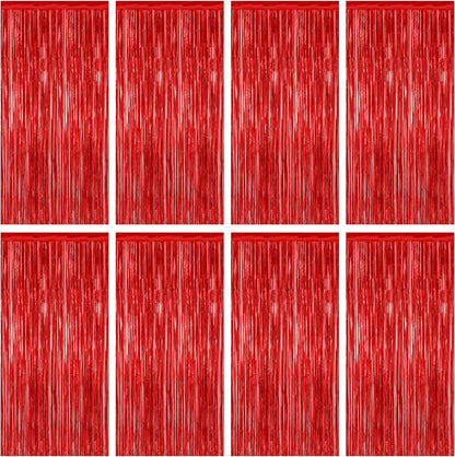 8 Pack Red Backdrop, 3.28 FT x 7.05 FT Streamer Party Decorations, Metallic Foil Fringe Curtains