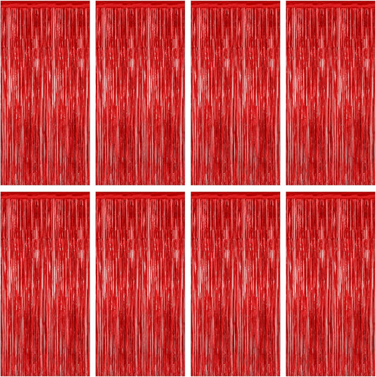 8 Pack Red Backdrop, 3.28 FT x 7.05 FT Streamer Party Decorations, Metallic Foil Fringe Curtains