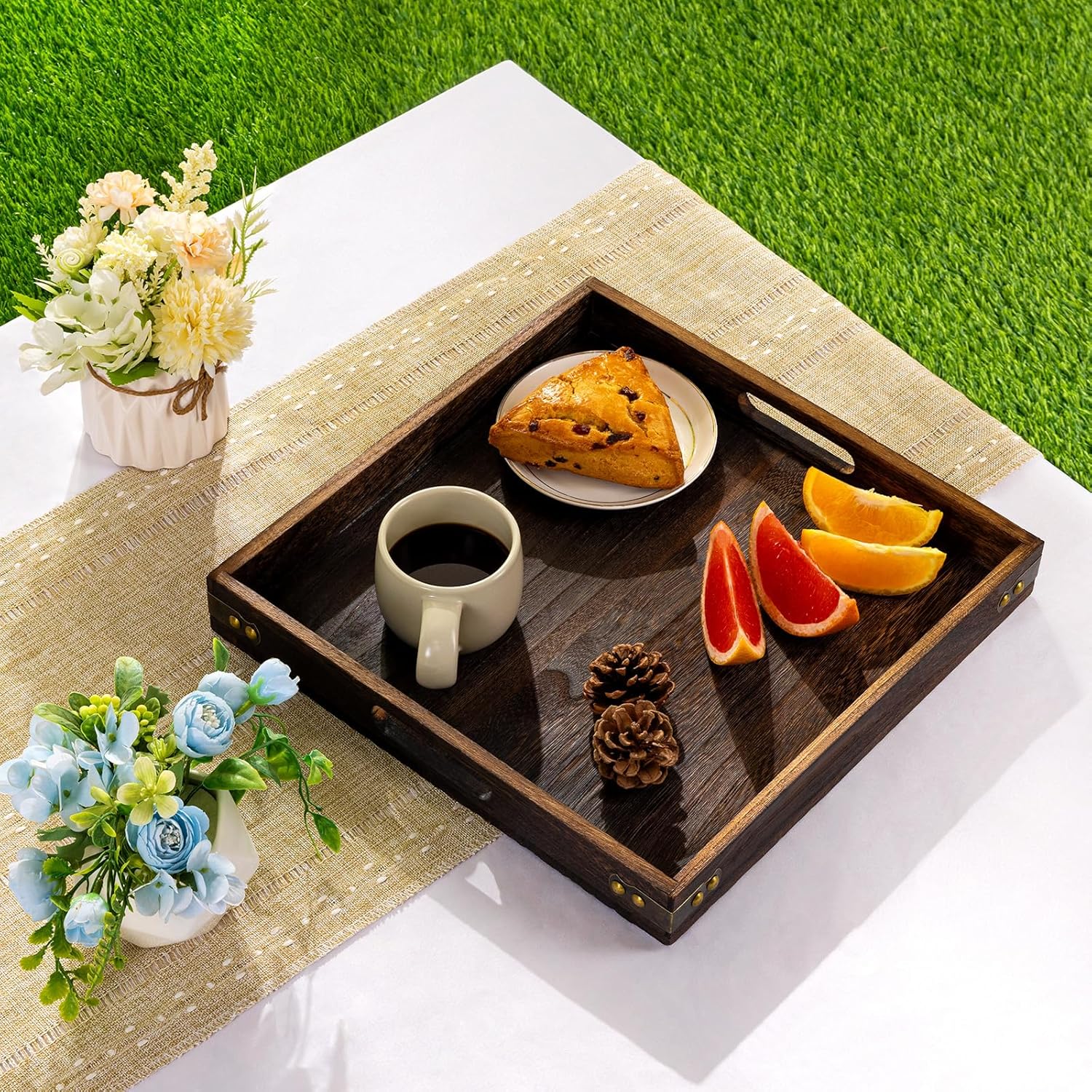Yangbaga Serving Tray with Handles,12.5"*12.5"Wood Decorative Tray for Living Room,Modern Coffee