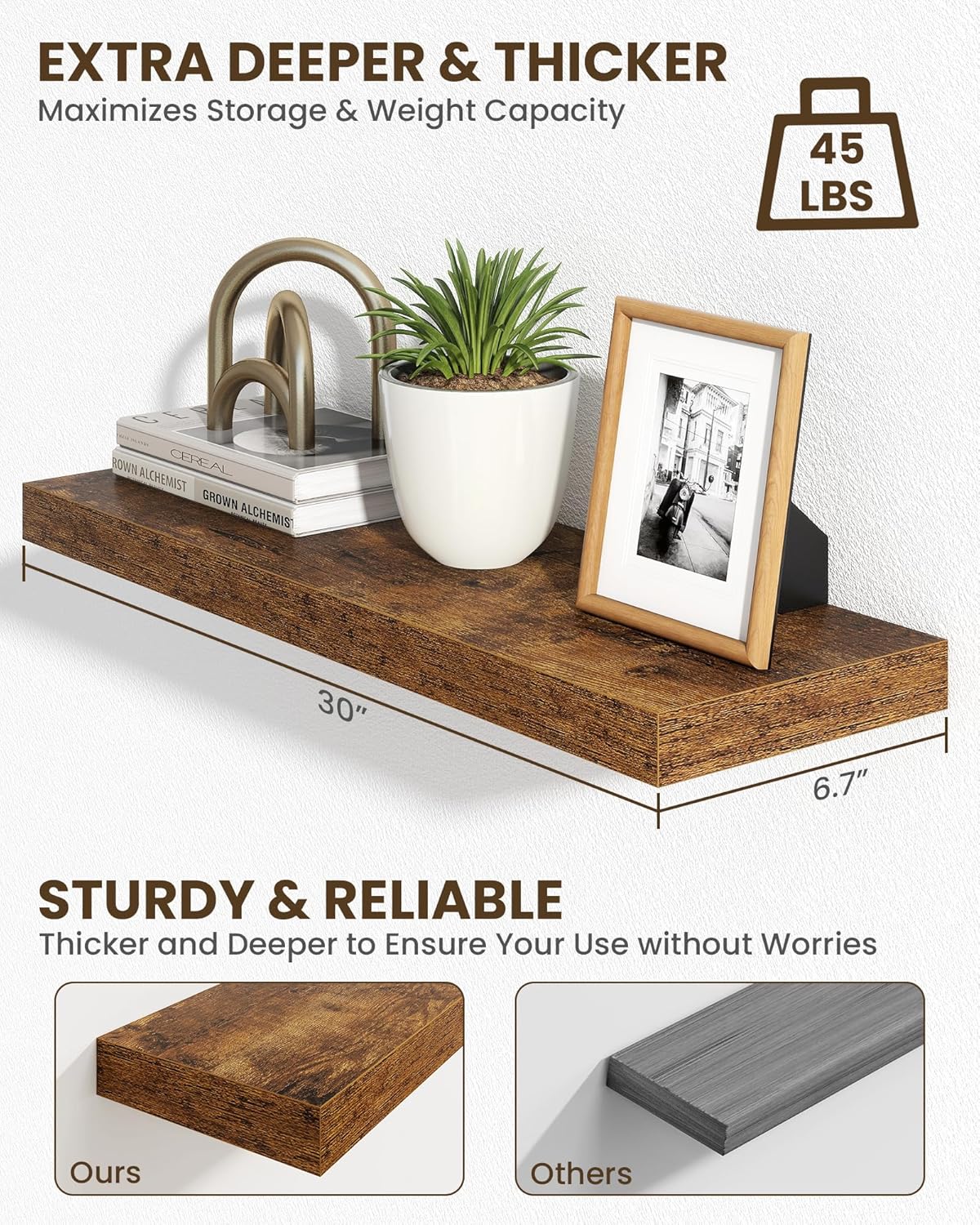 Marsmiles 30" Floating Shelves for Wall, Wooden Shelves with Invisible Brackets Set of 2, Rustic