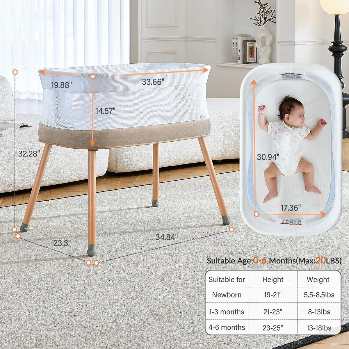 Rocking Bassinet for Baby 3 Speeds Electric Bedside Sleeper with White Noise, Automatic Bedside