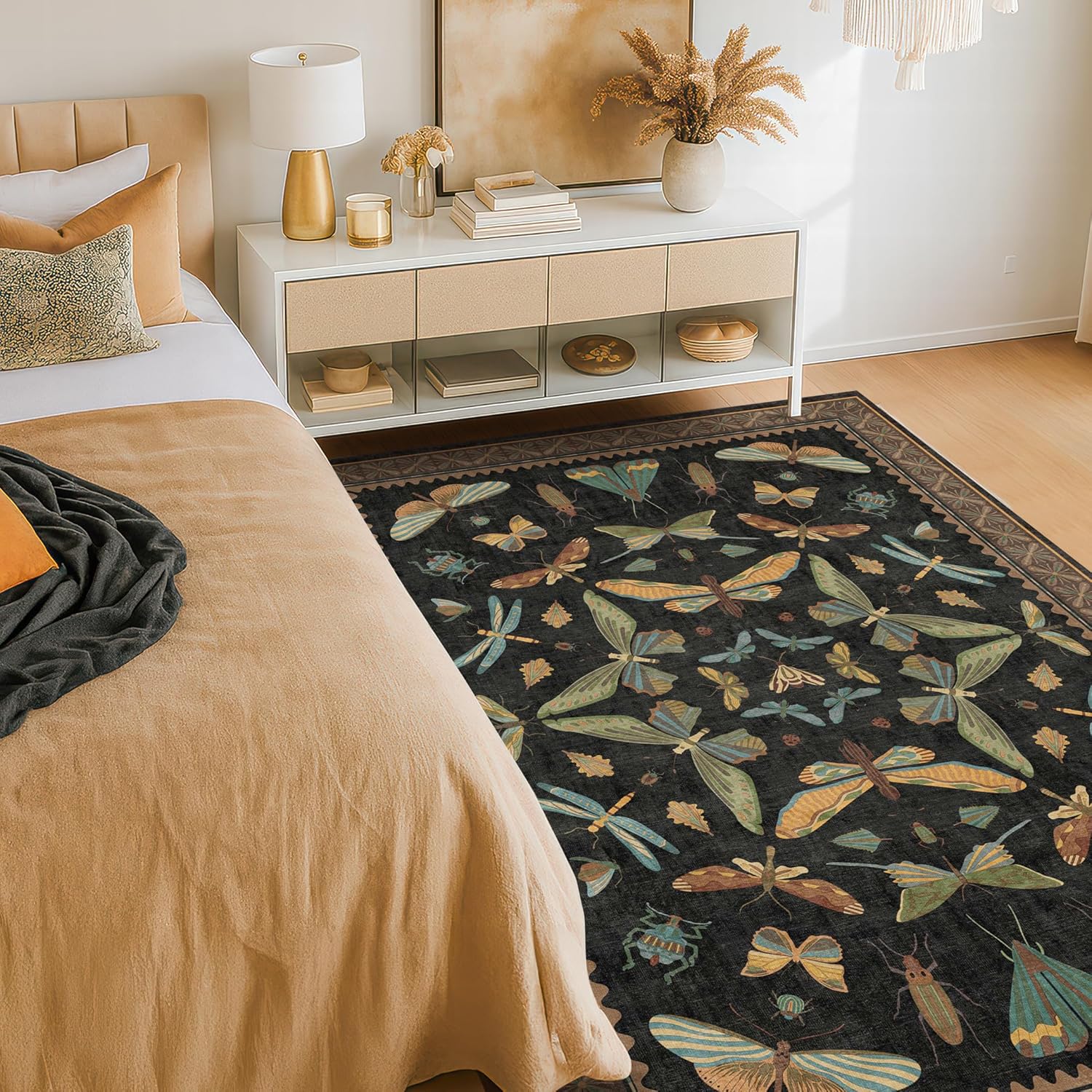 Insect Print Washable 4x6 Entryway Rug - Non-Slip Low Pile Area Rug for Large Kitchen, Bedroom