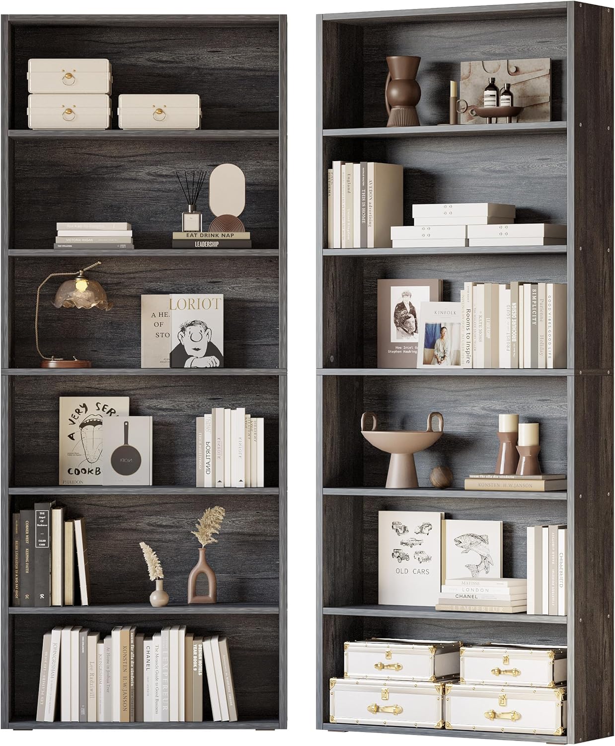 IRONCK Bookshelves and Bookcases Set of 2 Floor Standing 6 Tiers Display Storage Shelves 70 in Tall
