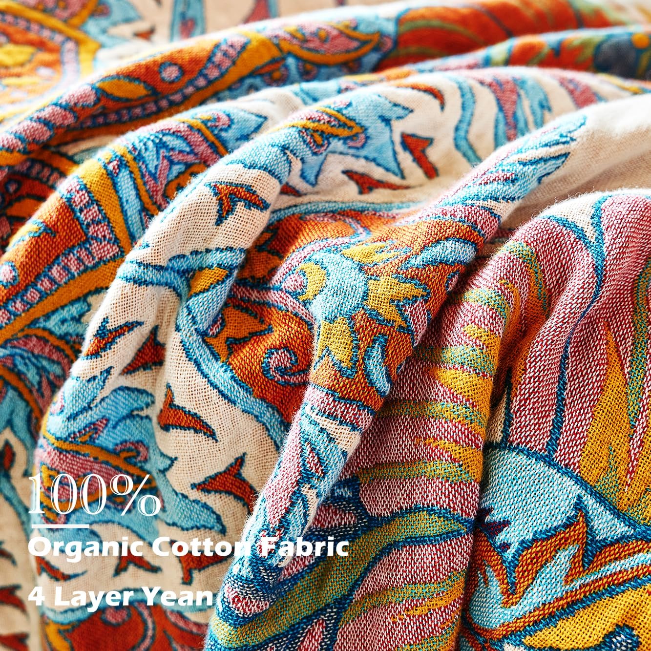 Boho Throw Blanket, 100% Organic Cotton Breathable Ultra Soft Bed Quilt Throw - All Season Floral