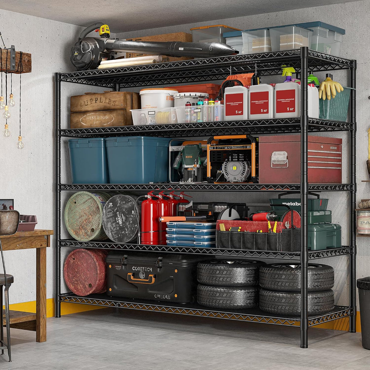 REIBII 85.7"H Storage Shelves 2998LBS Metal Shelving Units with Wheels&Feet, 5 Tier Garage Shelving