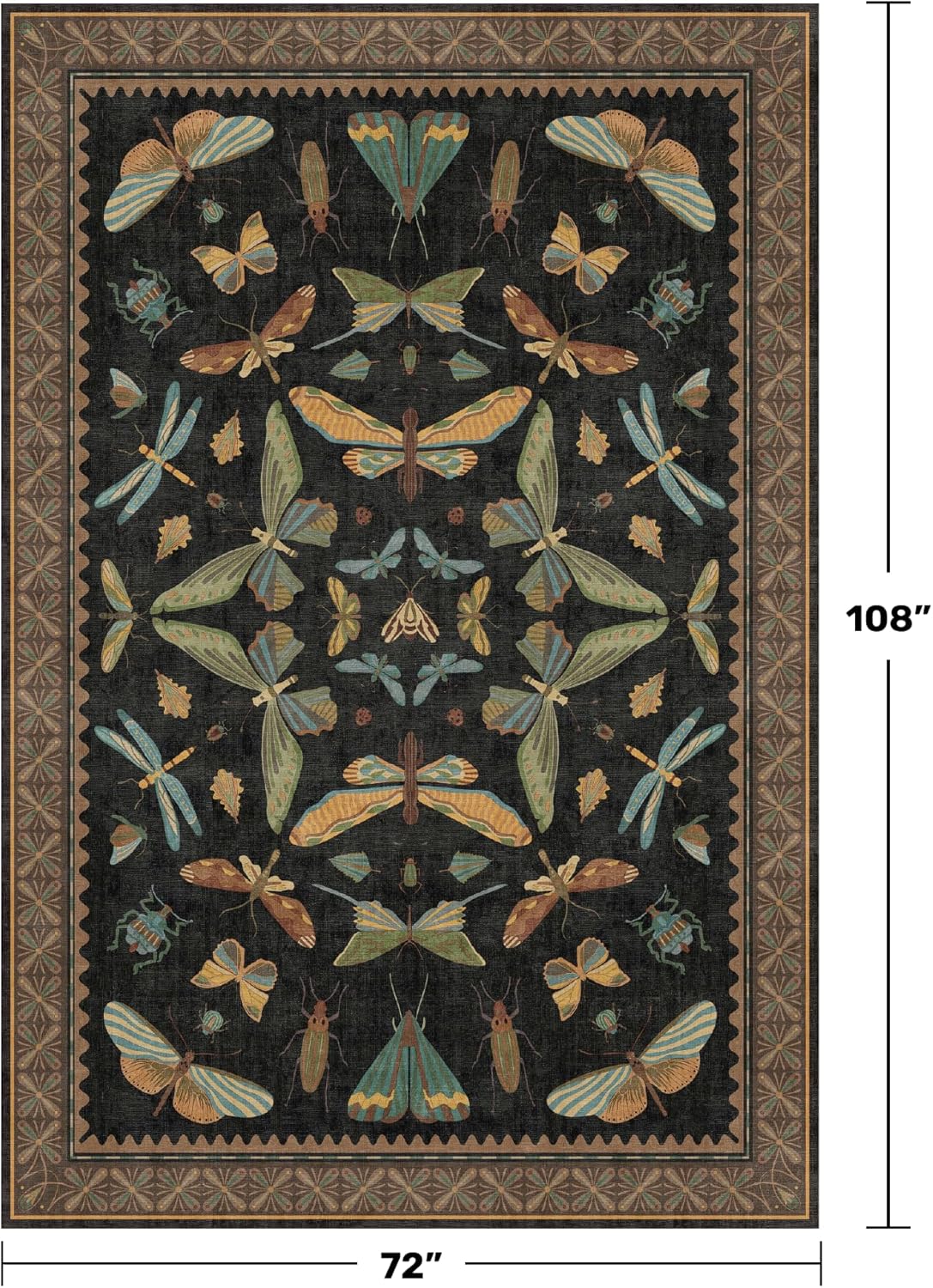 Living Room Rug Black Boho 6x9 - Dining Room Rugs for Under Table, Bedroom, Insect Bug Eclectic