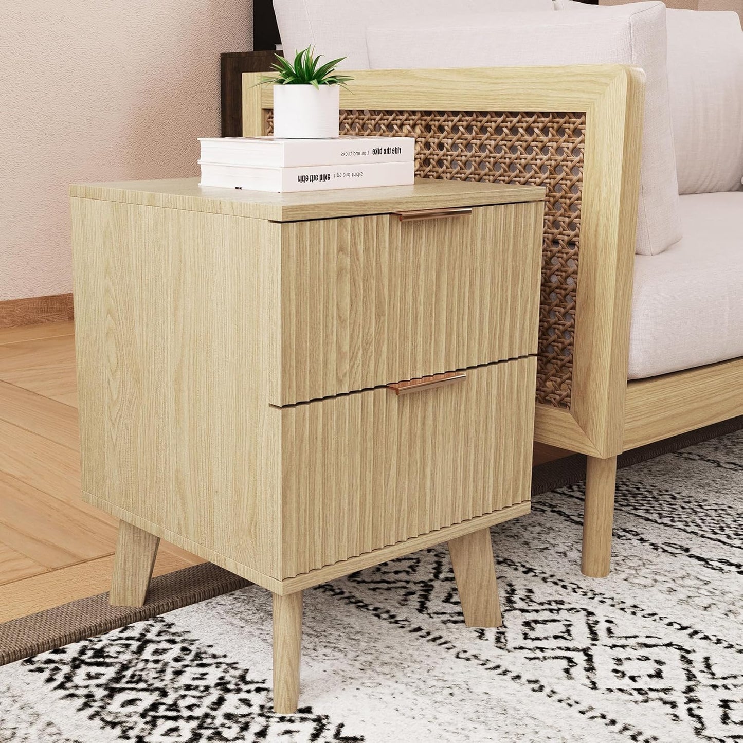Fluted Nightstands Set of 2, Mid Century Modern 2 Drawer Dresser for Bedroom, Small Night Stand