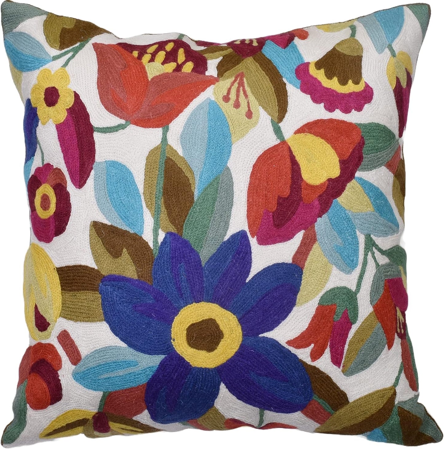Cream Floral Pillow Cover Blue Flower Pillowcase Boho Cushion Florals Accent Throw Pillowsham Wool