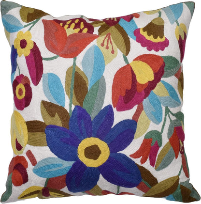 Cream Floral Pillow Cover Blue Flower Pillowcase Boho Cushion Florals Accent Throw Pillowsham Wool