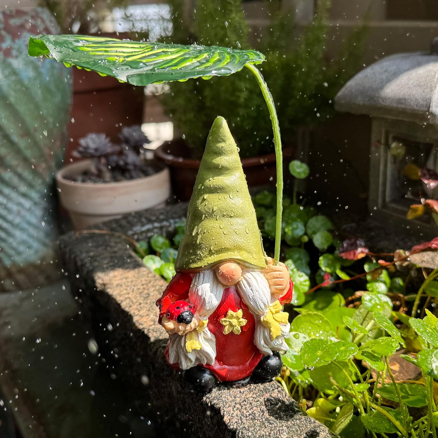 Garden Female Gnome Statue Decoration with Leaf Umbrella, 6.5” Figurine Ornament for Indoor Outdoor