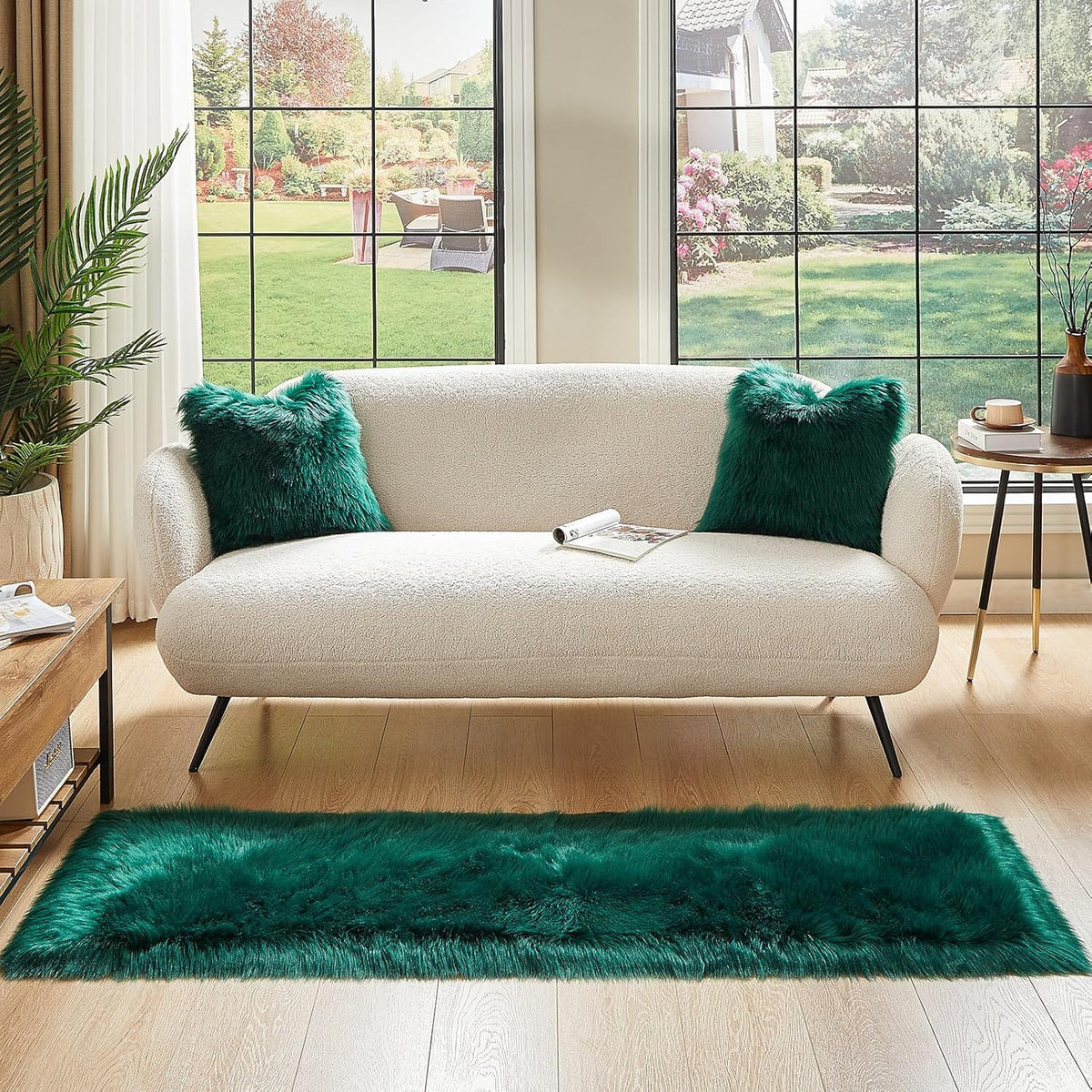 AMTOVO Faux Fur Rug, Dark Green Ultra Soft Fluffy Shag Sheepskin Rug, 2 x 6 ft Runner Area Rugs for