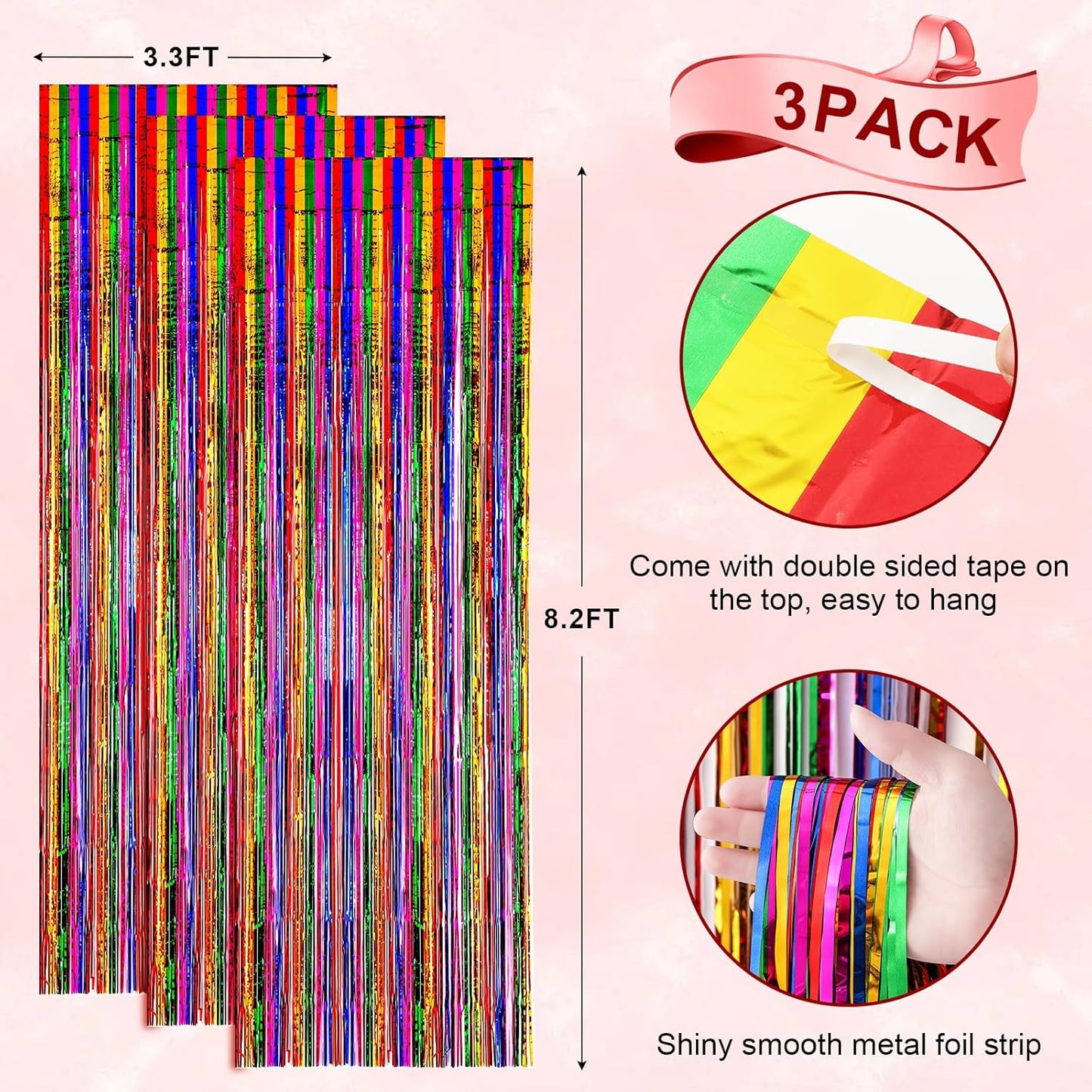 3 Pack 3.3x8.2 Feet Rainbow Foil Fringe Backdrop Curtains, Tinsel Streamers Birthday Party