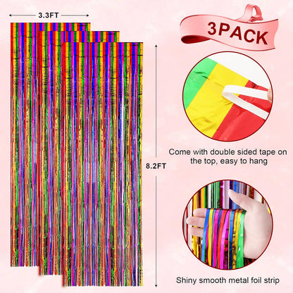 3 Pack 3.3x8.2 Feet Rainbow Foil Fringe Backdrop Curtains, Tinsel Streamers Birthday Party