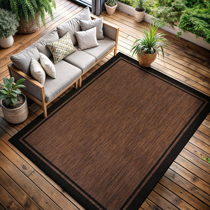 CAMILSON Indoor Outdoor Rug, 5x7 Bordered Nut Brown Black Modern Area Rugs for Indoor and Outdoor