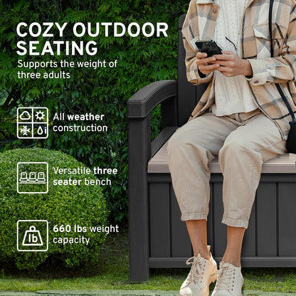 EconoHome 3 Seat Outdoor Storage Bench with Rain Cover - 90 Gallon Capacity - Weatherproof Resin