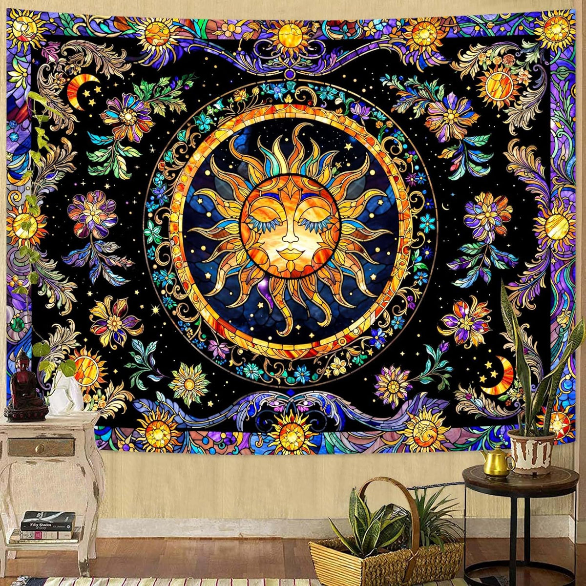 Lunerfex Sun Tapestry Stained Glass Tapestry Wall Decor Tapestries for Bedroom Boho Tapestries Wall