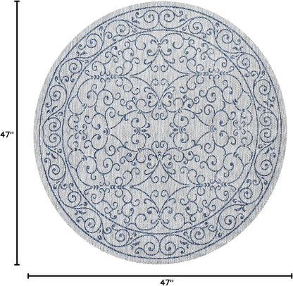 JONATHAN Y Vintage Filigree Indoor Outdoor Round Area Rug 4 Ft Gray/Navy, Charleston Textured Weave