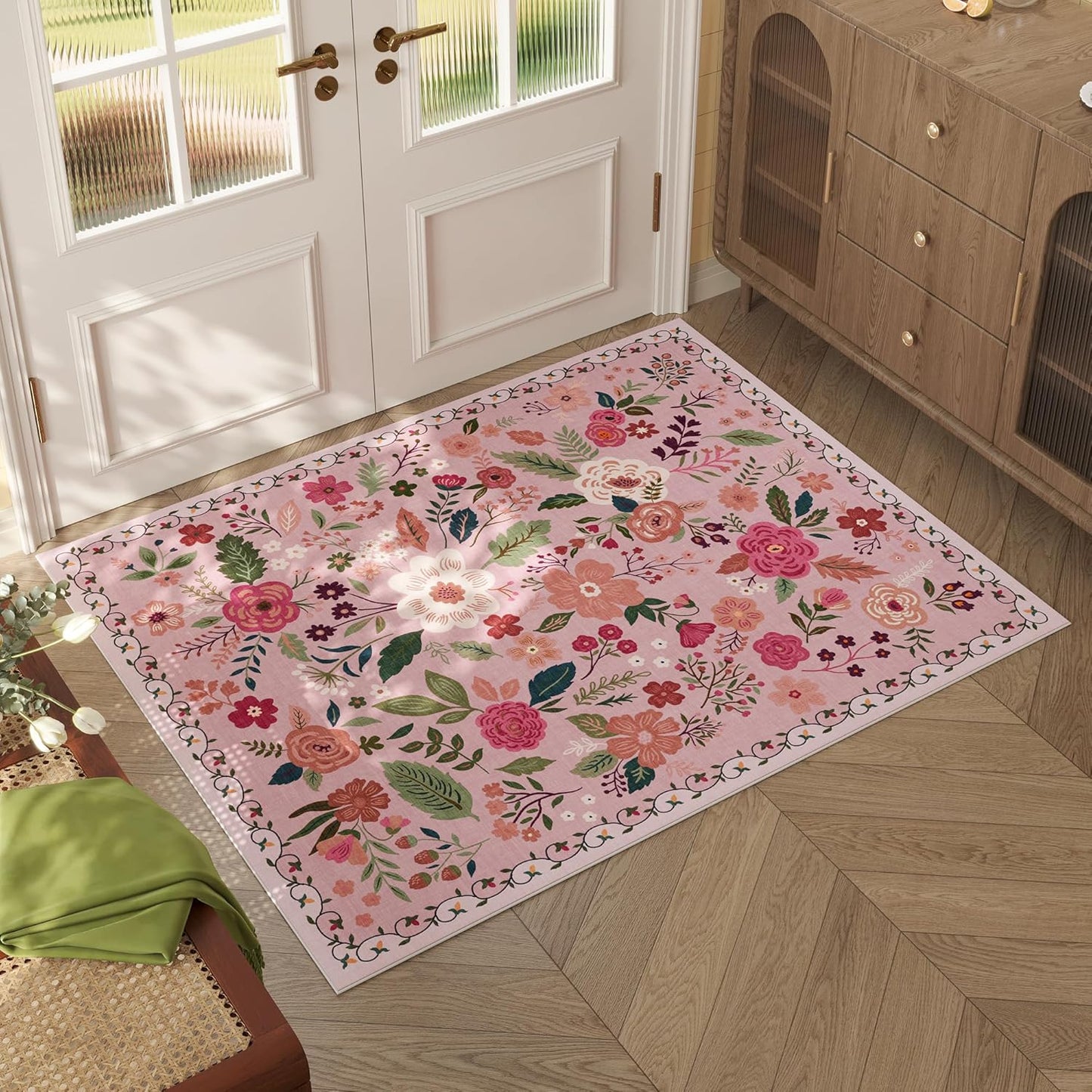 Door Mat Indoor Entrance 2x3 Rug Machine Washable Boho Floral Small Area Rug Non-Slip Low Pile