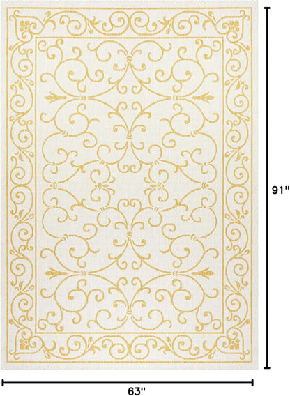 JONATHAN Y Vintage Filigree Indoor Outdoor Area Rug 5X8 Cream/Yellow, Charleston Textured Weave for