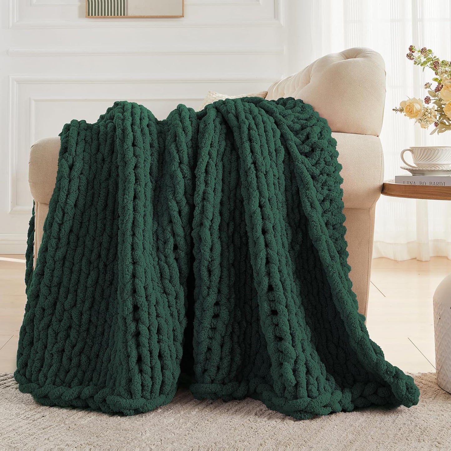 Carriediosa Chunky Knit Throw Blanket 50" X 60", 100% Hand Made Large Chenille Loop Yarn Soft