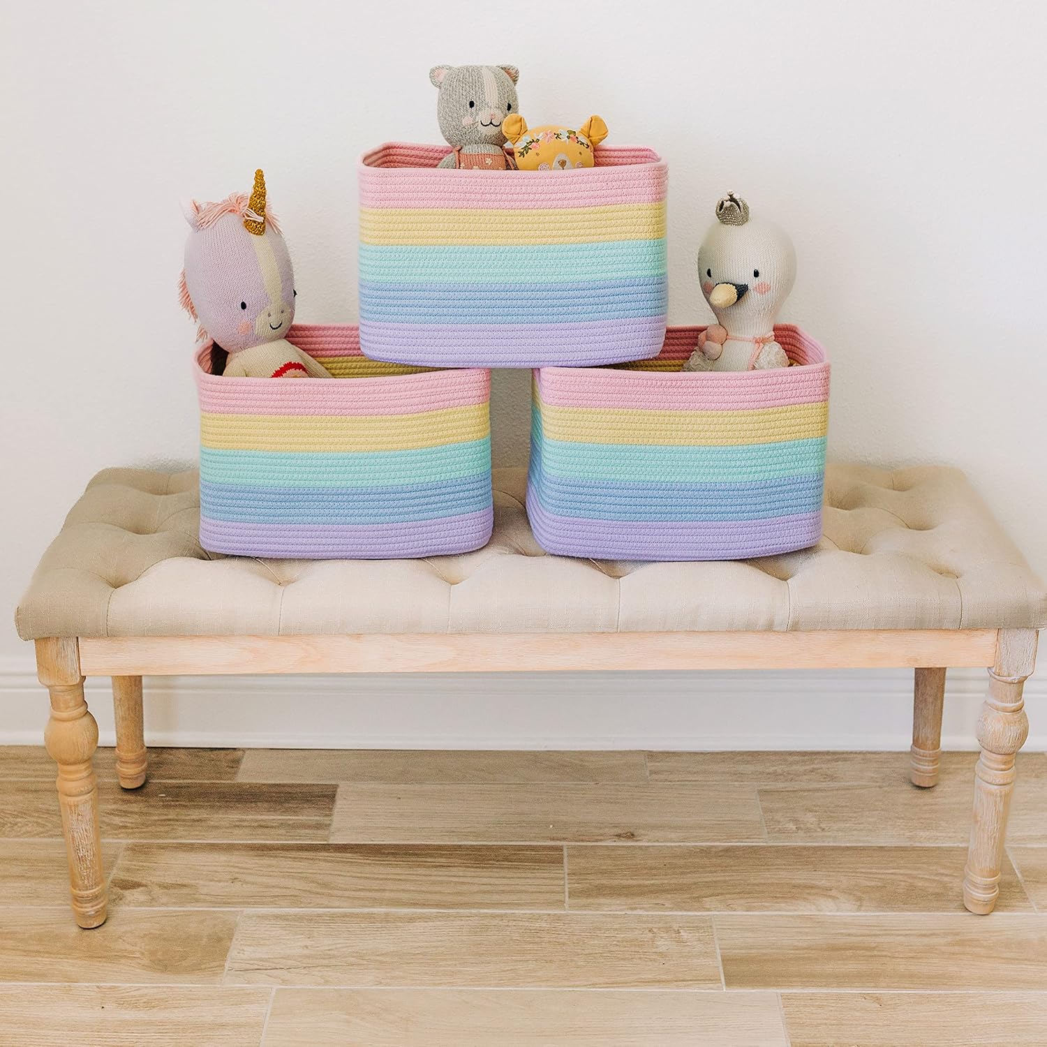 OrganiHaus Set of 3 Rainbow Woven Storage Baskets for Organizing, Cotton Rope Organizer Bins for
