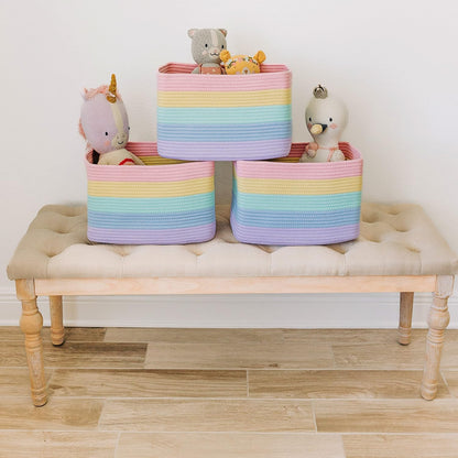 OrganiHaus Set of 3 Rainbow Woven Storage Baskets for Organizing, Cotton Rope Organizer Bins for