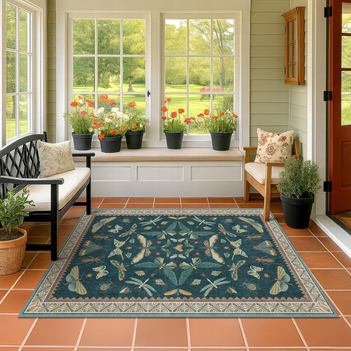 Dark Teal 4x6 Area Rugs for Door Mat Entrance - Vintage Floor Rug for Entryway, Mudroom Kitchen