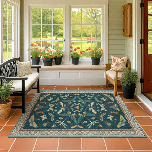 Dark Teal 4x6 Area Rugs for Door Mat Entrance - Vintage Floor Rug for Entryway, Mudroom Kitchen