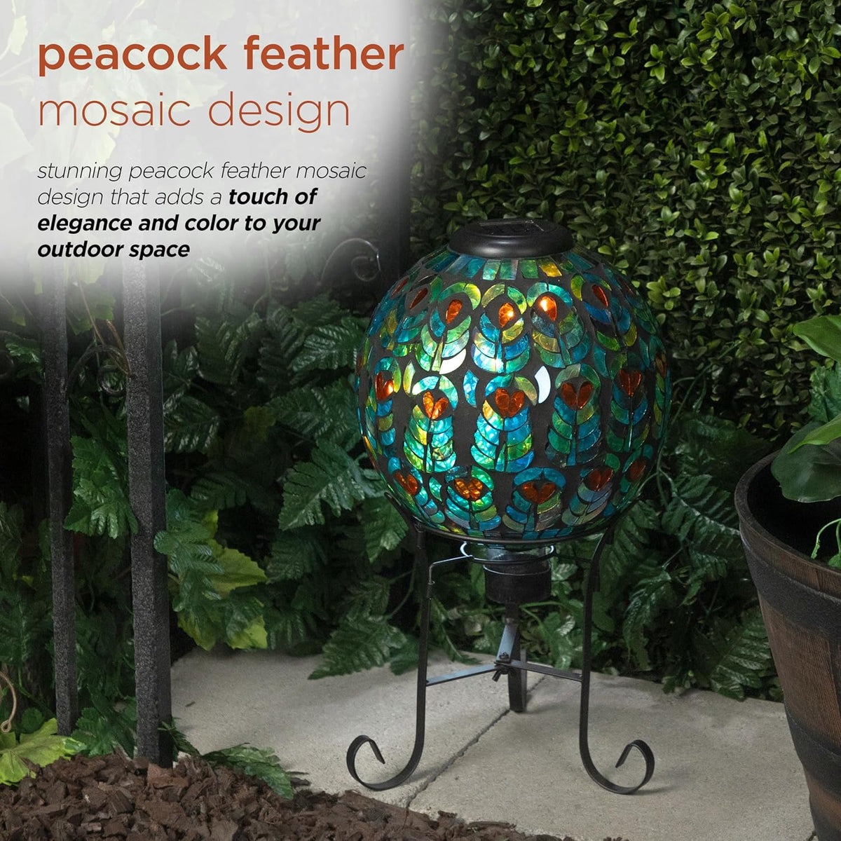 Alpine Corporation GRS926A-SLR Solar Gazing Globe w/Mosaic Peacock Feather Design & Metal Stand