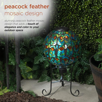 Alpine Corporation GRS926A-SLR Solar Gazing Globe w/Mosaic Peacock Feather Design & Metal Stand