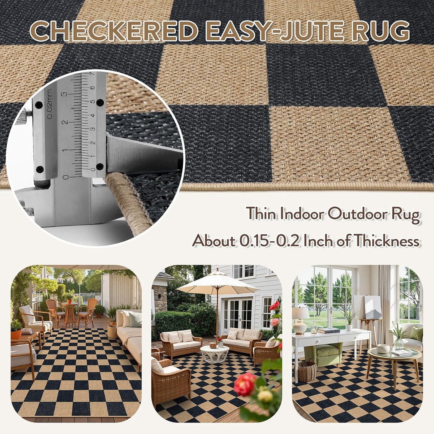 Lahome Checkered Easy Jute 8x10 Rug, Washable Rugs for Living Room Office, Farmhouse Neutral Non