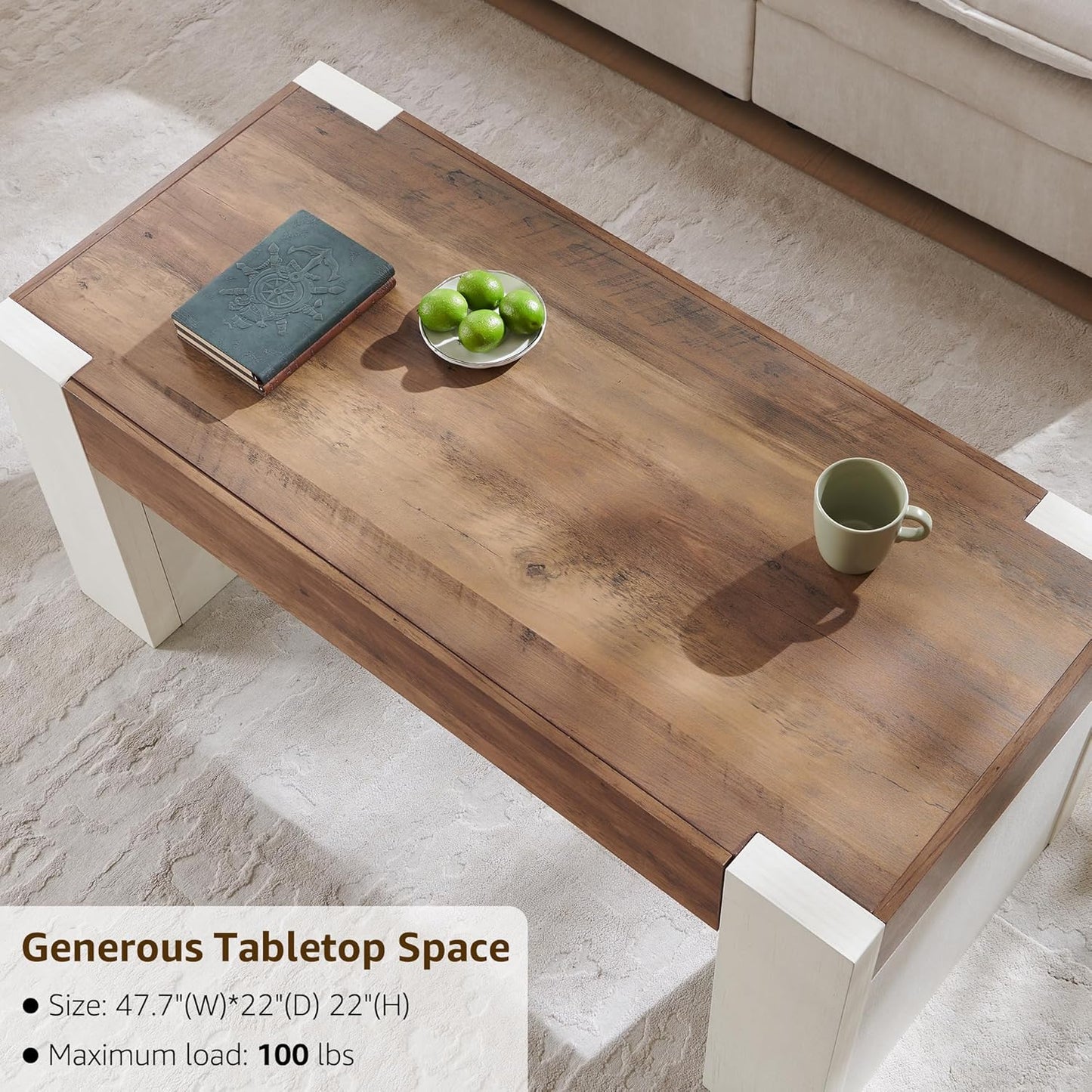OKD 48" Modern Farmhouse Coffee Table, Wooden Living Room Table with Hidden Storage Drawer, Rustic