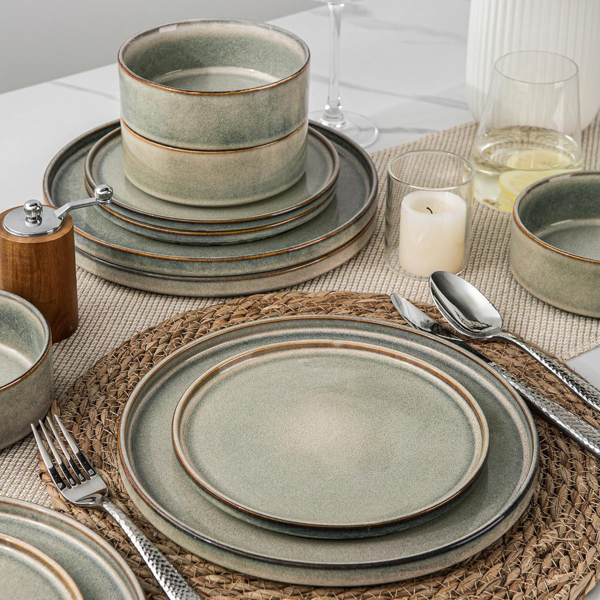 AmorArc Ceramic Dinnerware Sets, Handmade Reactive Glaze Stoneware Plates and Bowls Sets,Highly