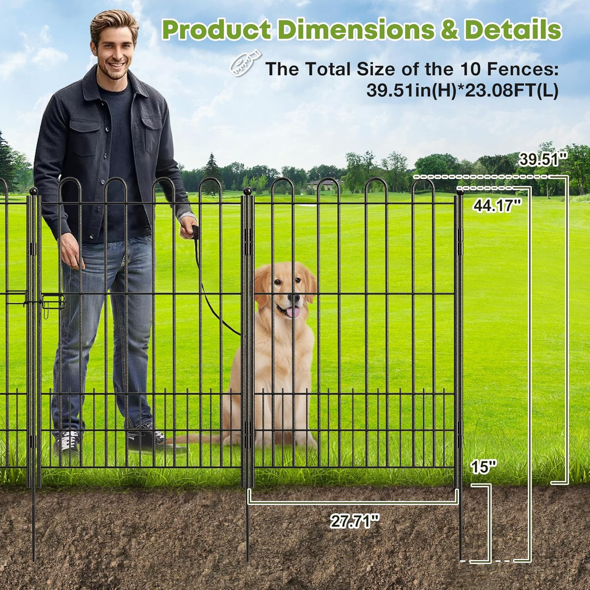 10 Panels Decorative Garden Fence with U-Shape and Latch Gate, 39.51 in(H) X 23.08 ft(L) Dog Fence