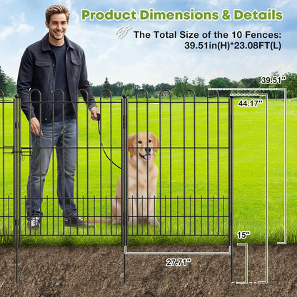 10 Panels Decorative Garden Fence with U-Shape and Latch Gate, 39.51 in(H) X 23.08 ft(L) Dog Fence