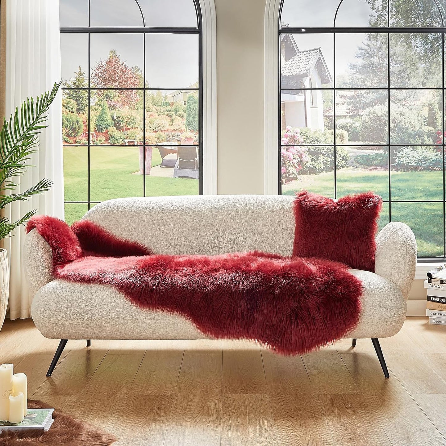 AMTOVO Faux Sheepskin Rug, Burgundy Ultra Soft Fluffy Shag Area Rug, 2 x 6 ft Faux Fur Rug for