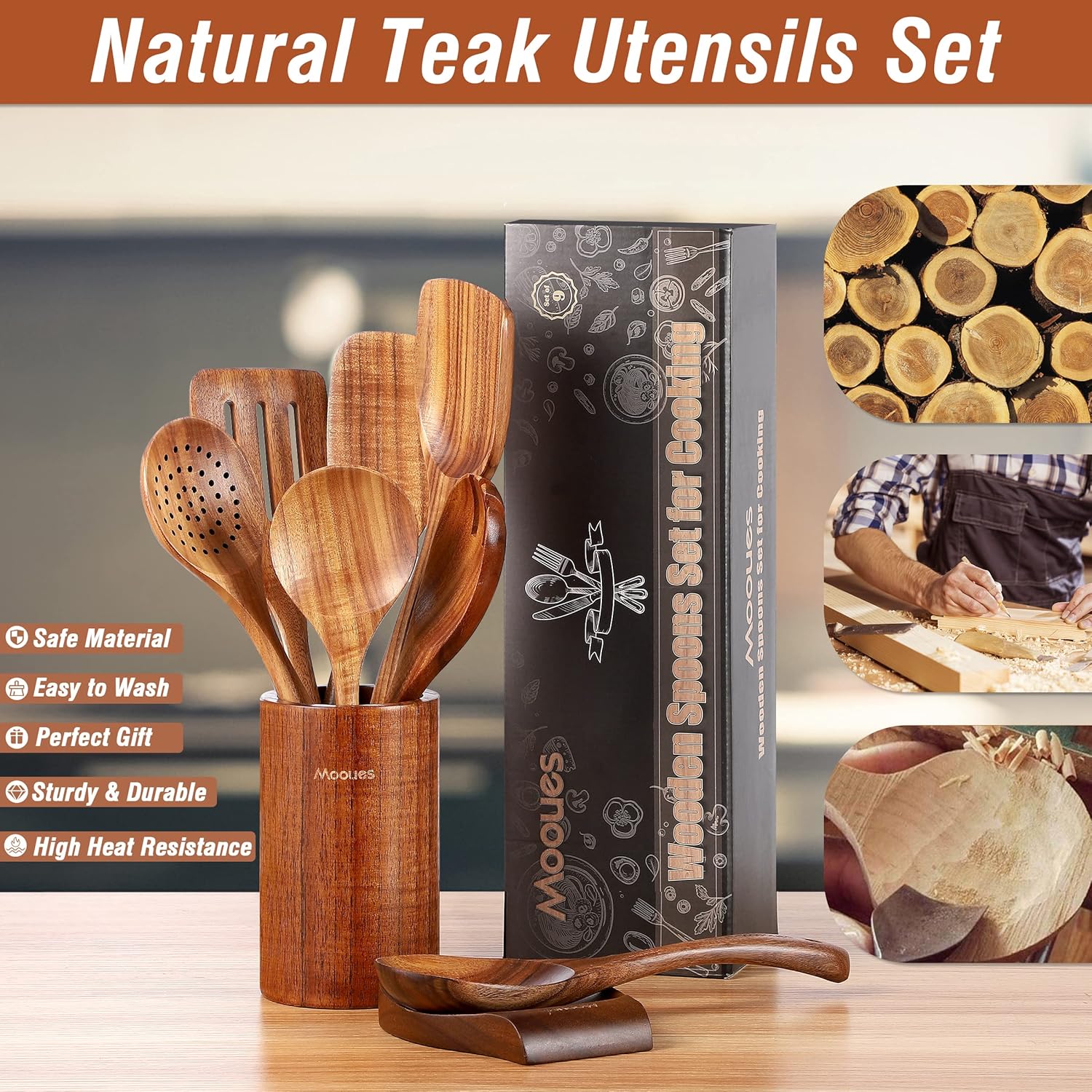 9 Piece Natural Teak Wooden Kitchen Utensil Set with Spoon Rest - Comfort Grip Cooking Spoons and