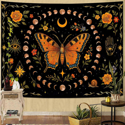Lunerfex Moon Phase Butterfly Floral Wall Tapestry, Celestial Botanical Tapestries for Room Decor