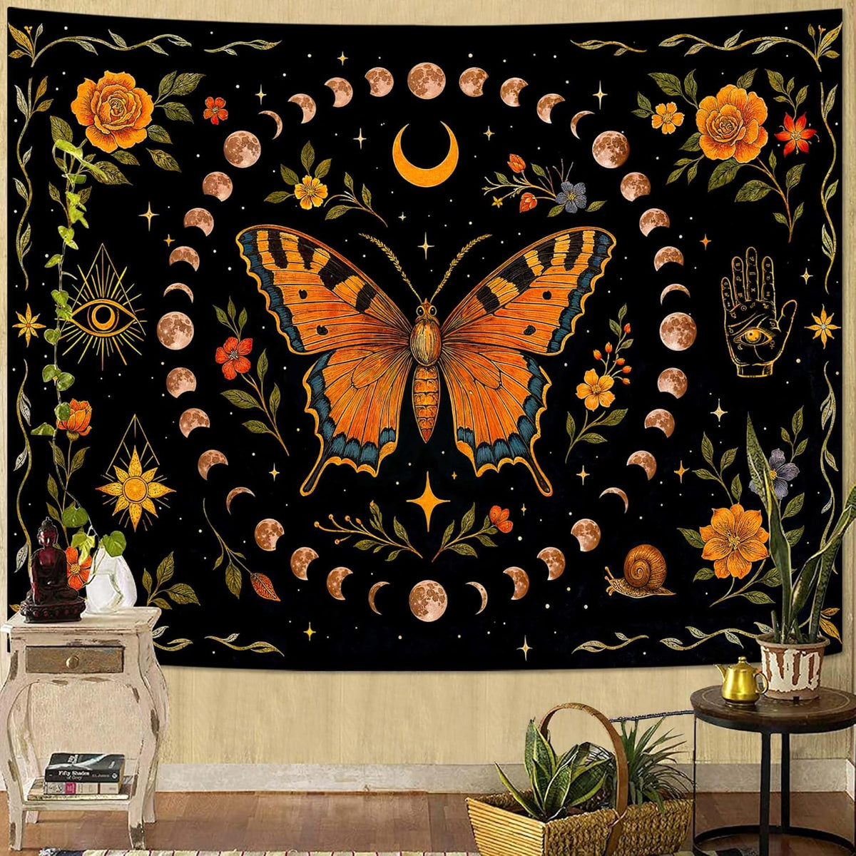 Lunerfex Moon Phase Butterfly Floral Wall Tapestry, Celestial Botanical Tapestries for Room Decor