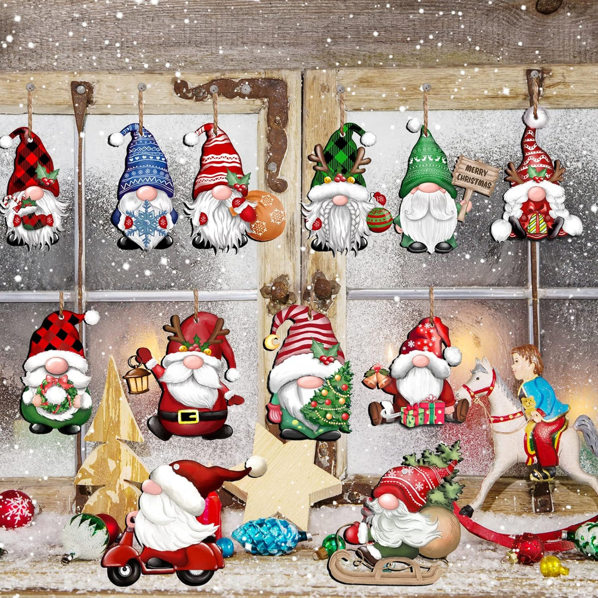 24 Pieces Christmas Gnome Wooden Hanging Ornaments, Wood Hanging Decor for Christmas Tree