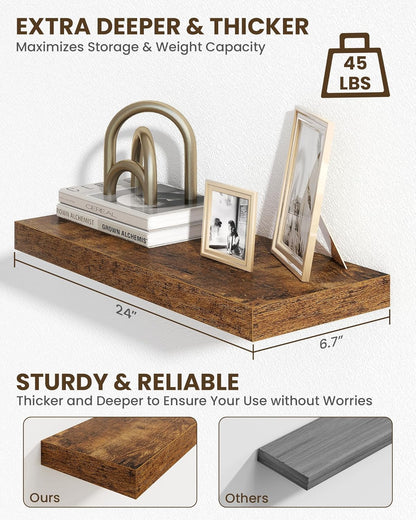 Marsmiles 24" Floating Shelves for Wall, Wooden Shelves with Invisible Brackets Set of 2, Rustic