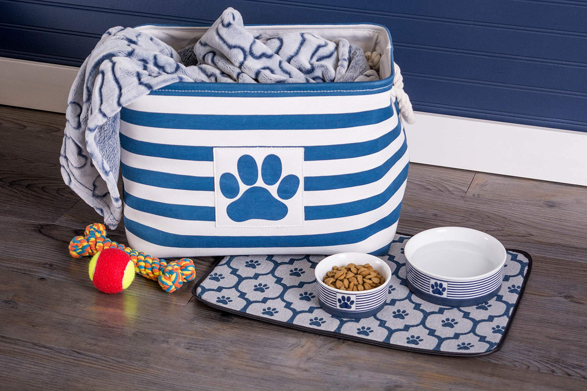 Bone Dry Pet Storage Collection Striped Paw Patch Bin, Large Rectangle, Navy