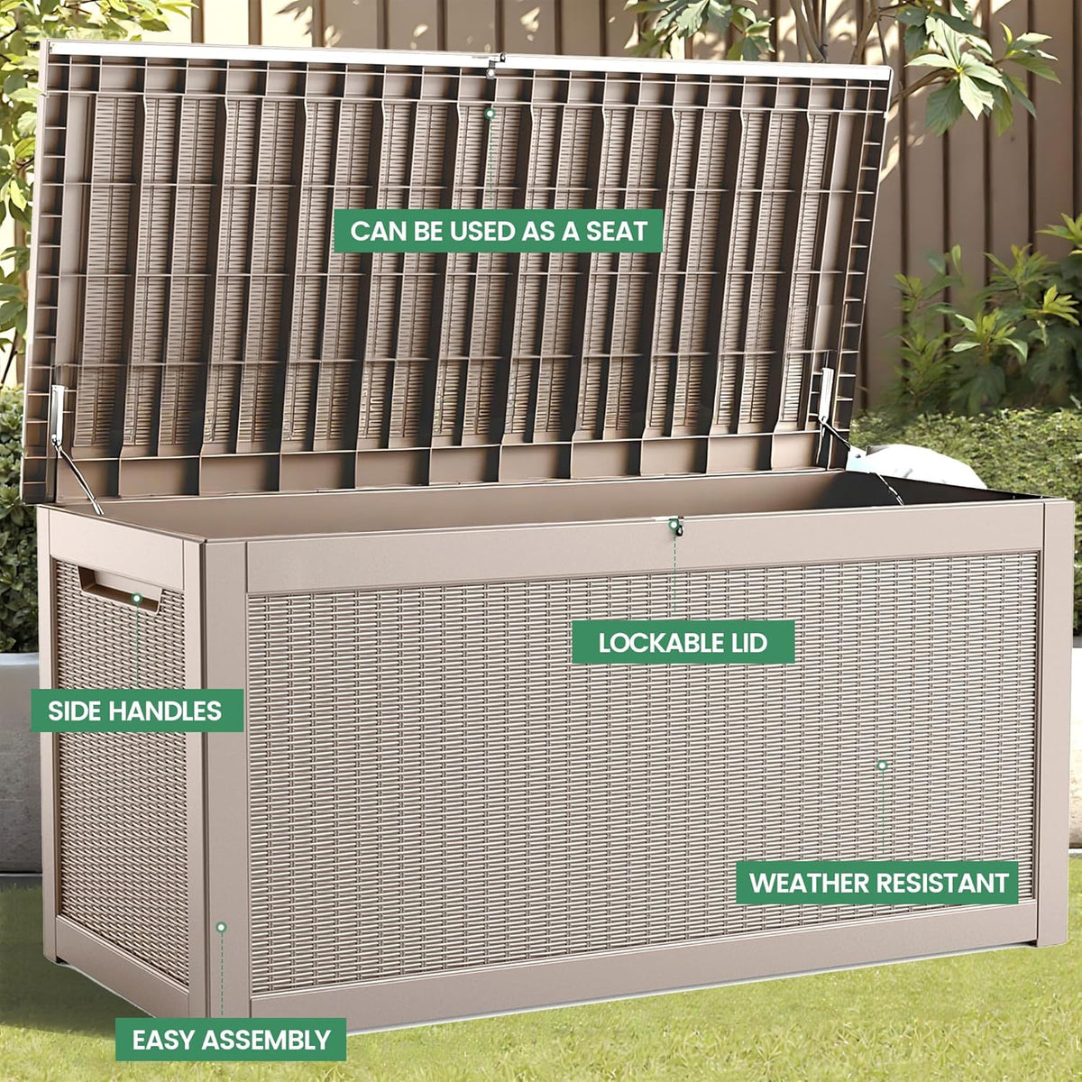 260 Gallon Storage Box, Waterproof Resin Deck Box with Steel Support & Hydraulic Rod, Lockable