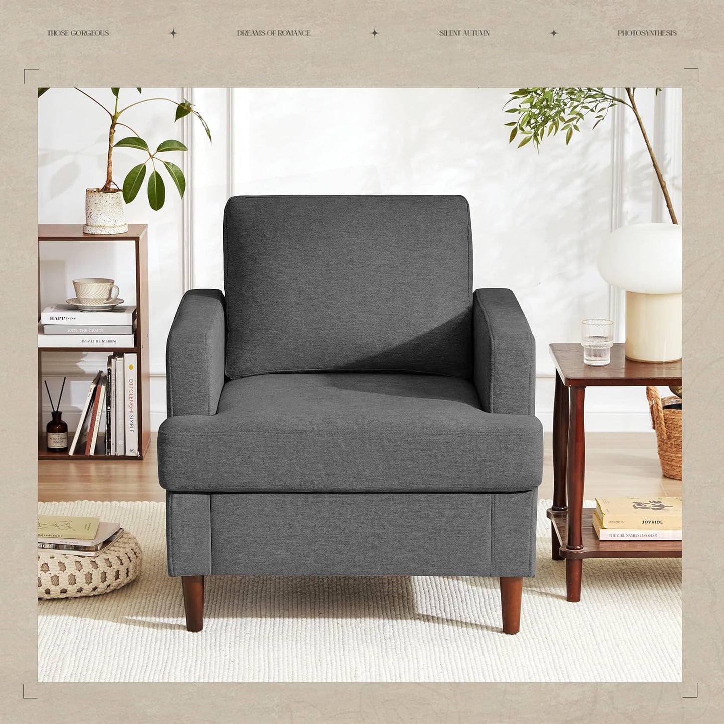 Mid-Century Accent Chair,Modern Linen Fabric Armchair for Living Room,Comfy Upholstered Reading