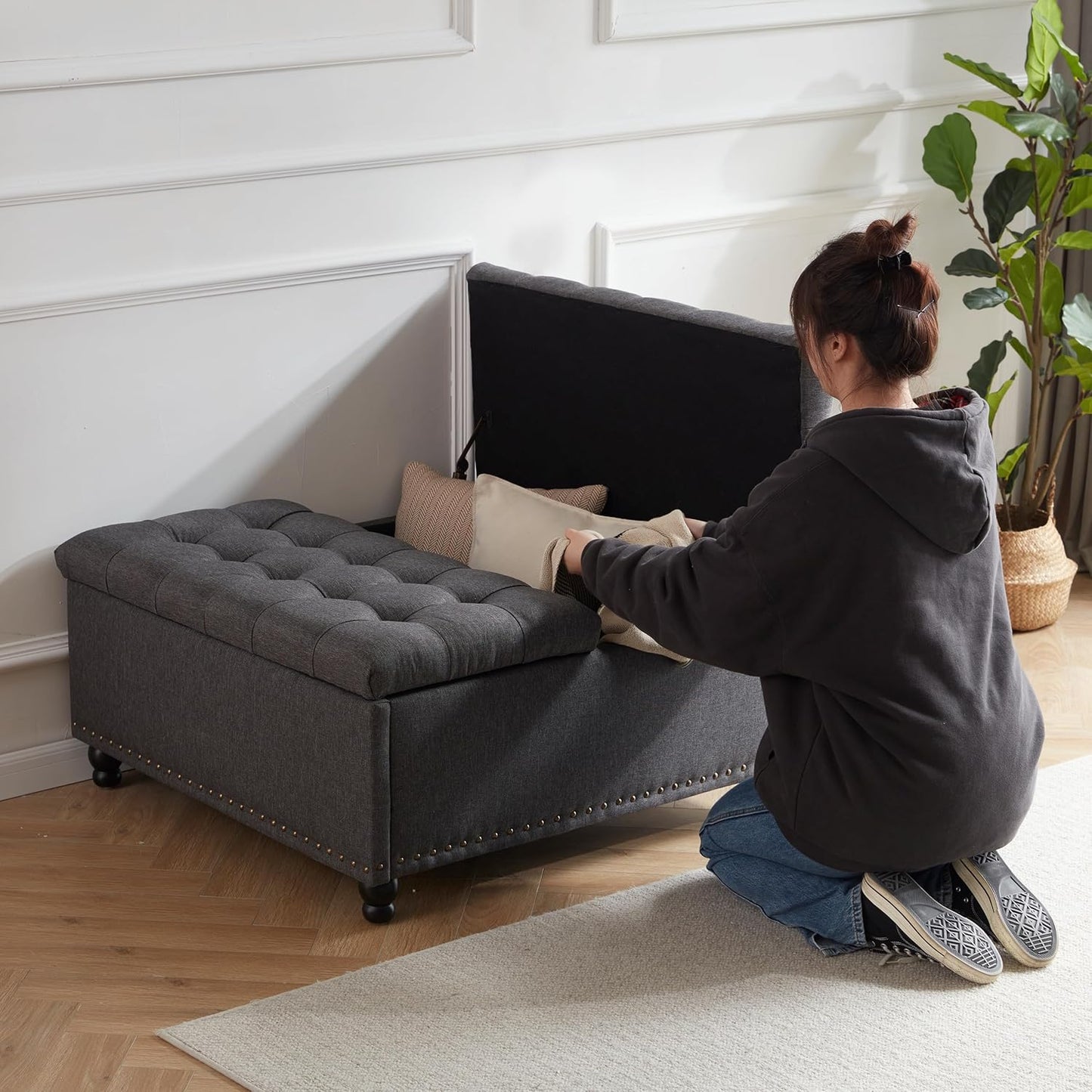 Tbfit Large Square Storage Ottoman Bench, Tufted Upholstered Coffee Table Ottoman with Lift Top &