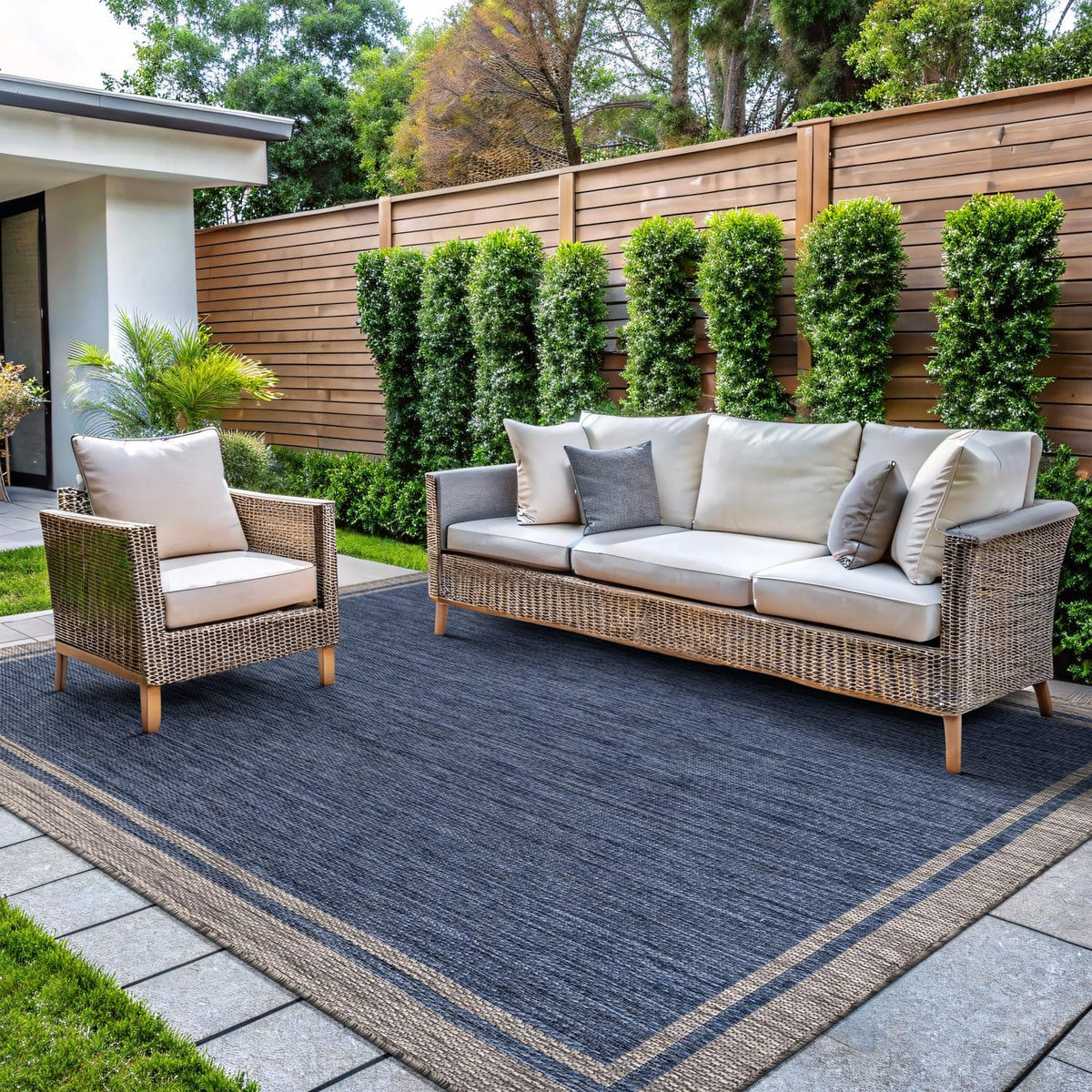 CAMILSON Outdoor Rug, 5x7 Bordered Navy Blue Gray Modern Area Rugs for Indoor and Outdoor Patios